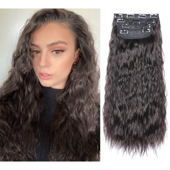 New 20Inch Dark Brown with Auburn Luster Synthetic Curly Clip-in Hair Extensions - Picture 1 of 6